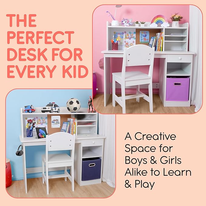 Kids Study Desk with Chair, Wooden Kids Desk and Chair Set