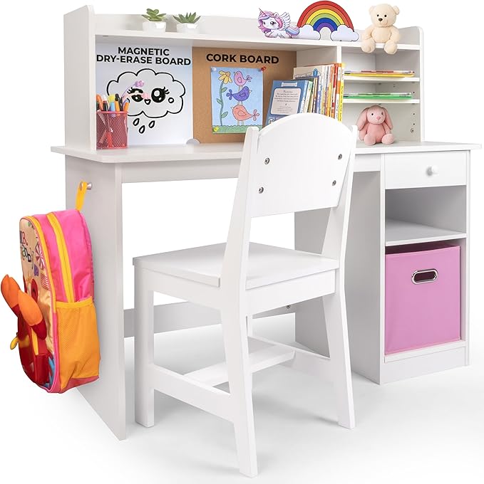 Kids Study Desk with Chair, Wooden Kids Desk and Chair Set