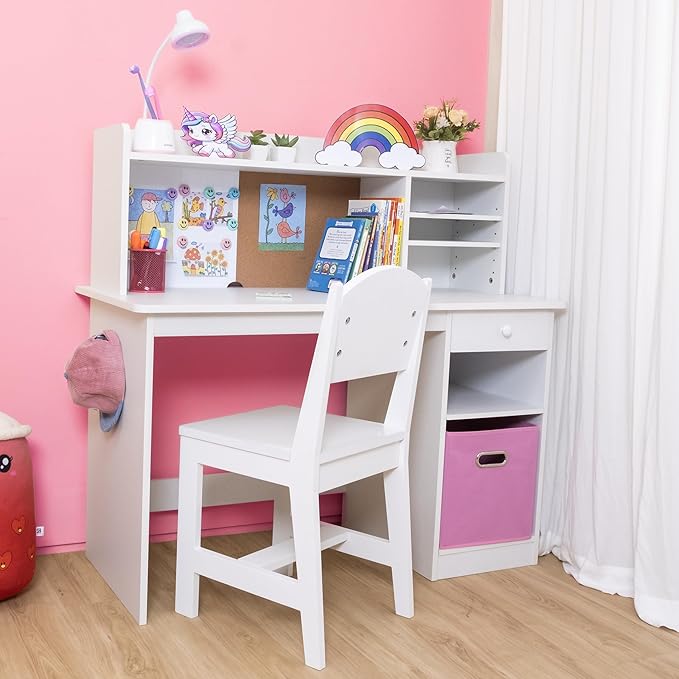 Kids Study Desk with Chair, Wooden Kids Desk and Chair Set
